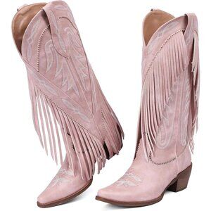 Women's Pink PU Pointed Toe Pull On Block Chunky Heel Embroidery Tassel Country